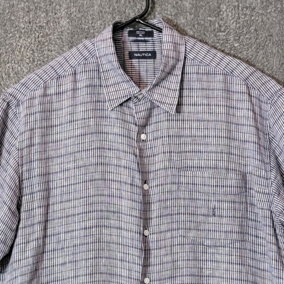 Nautica Shirt Mens XL Blue Striped 100% Linen Short Sleeve with Pocket - Picture 2 of 10